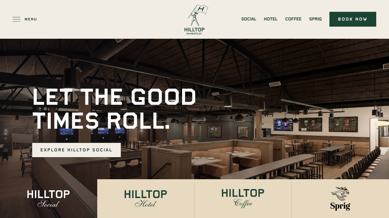 Full-bleed Hilltop Social hero with four interactive logo tabs