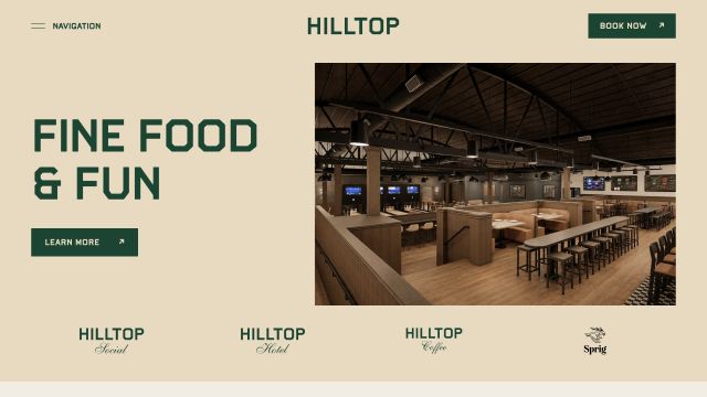 Concept Two: bold Hilltop typography, a Vivace script accent, and paired Social and Sprig images